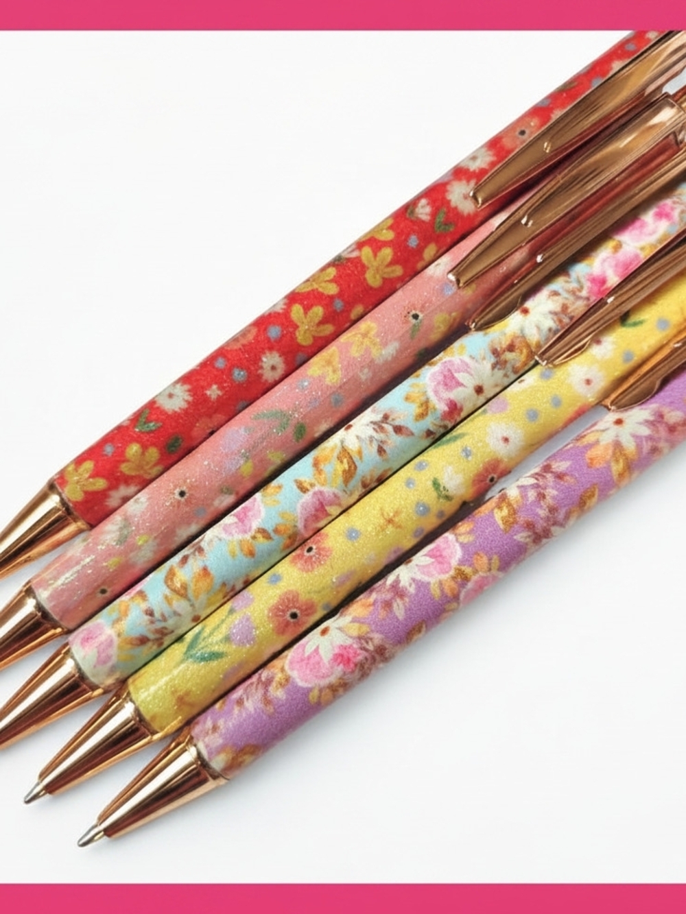 5 Pcs. Floral Ballpoint Push Pens- Multicolor with Rose Gold Accents